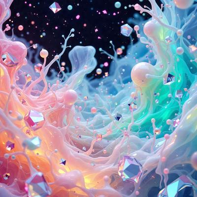 The primary subject of the image is a colorful, swirling, and flowing mass of shapes and colors. The setting is a dark background, which contrasts with the vibrant colors of the swirling mass. The visual style is a combination of digital art and illustration, creating a dynamic and lively atmosphere. The dominant colors are pink, blue, and green, which contribute to the overall mood of the image.